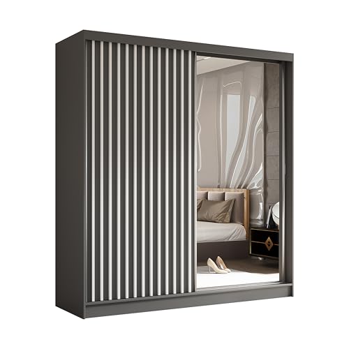 AXLIVING Cabinio Kleiderschrank Grau Weiß mit Spiegel 200 cm Breite von AXLIVING