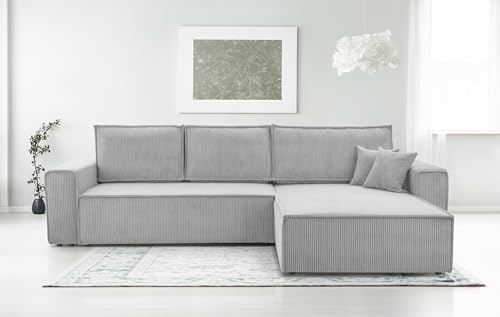 AXLIVING Cord Couch L Form – Cedria L+R Wohnlandschaft 287 cm Hellgrau von AXLIVING