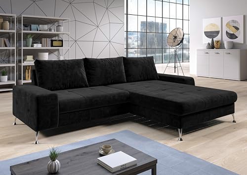 AXLIVING Eckschlafcouch mit Bettkasten Artemia 275 cm Schwarz Samt R von AXLIVING