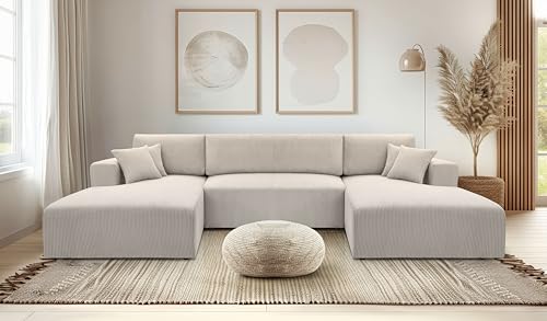 AXLIVING Ecksofa Weiß mit Schlaffunktion – Catea U Cord Wohnlandschaft 364 cm von AXLIVING
