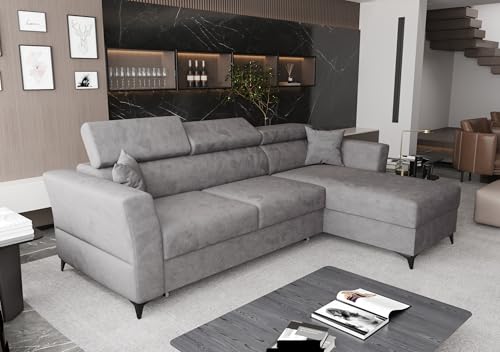 AXLIVING Ecksofa klein mit Schlaffunktion Bettkasten Ribella 265cm grau L-Form Rechts von AXLIVING