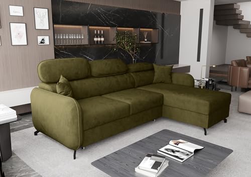 AXLIVING Ecksofa mit Schlaffunktion Ribella 5 L-Form 265cm, Samt in Olivgrün Rechts von AXLIVING