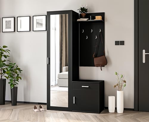AXLIVING Garderobe Schwarz Magnola – 100 cm Breite, mit Stauraum & Spiegel von AXLIVING