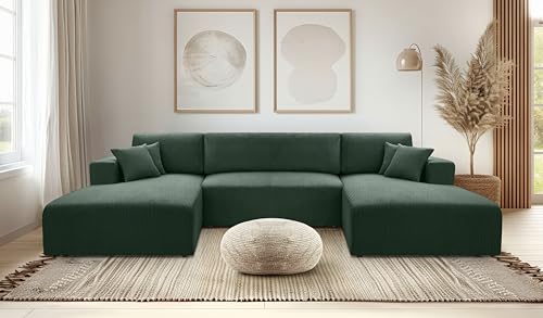 AXLIVING Grün Sofa U Form mit Schlaffunktion – Catea U Cord Wohnlandschaft 364cm von AXLIVING