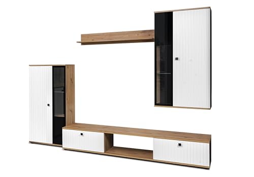 AXLIVING Hochwertige Wohnwand Formilo 240 cm – Artisan & Weiß mit Lamellen von AXLIVING