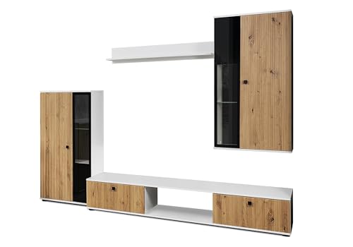 AXLIVING Hochwertige Wohnwand Formilo 240 cm - Weiß & Artisan mit Lamellen von AXLIVING