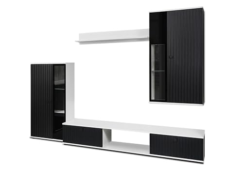 AXLIVING Hochwertige Wohnwand Formilo 240 cm – Weiß & Schwarz mit Lamellen von AXLIVING