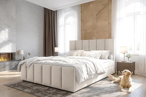 AXLIVING Levente Bett mit Bettkasten 140x200 Beige Boxbett Stauraum von AXLIVING