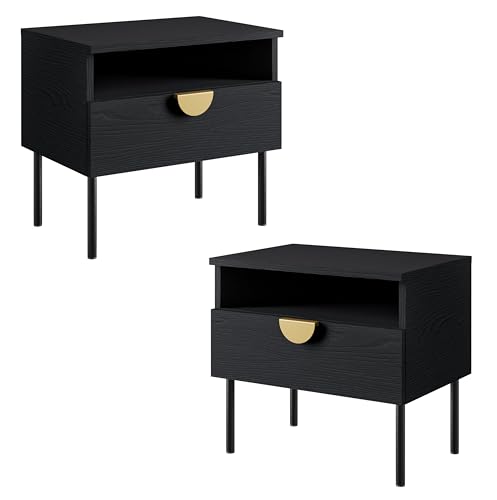 AXLIVING Nachttisch Schwarz Brunelli 50 cm 2er Set Gold Griffe von AXLIVING