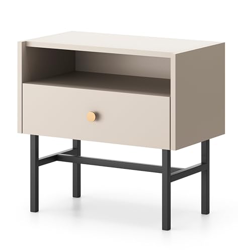 AXLIVING Nachttisch mit Schublade Dinley 55 cm Beige matt auf Metallgestell von AXLIVING