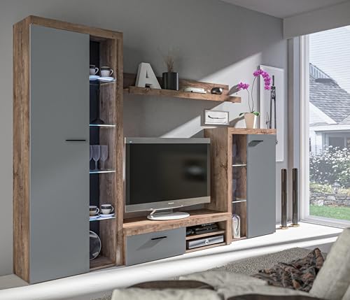 AXLIVING Spacoro Wohnwand grau modern Lefkas Graphit 270 cm ohne LED von AXLIVING