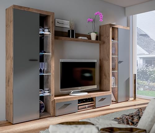 AXLIVING Spacoro XL Wohnwand grau modern Lefkas Graphit 300 ohne LED von AXLIVING