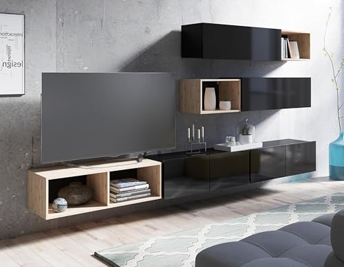 AXLIVING Wohnwand Modern Kossana 25 – 300cm Breite Design Schwarz/Goldene Eiche von AXLIVING