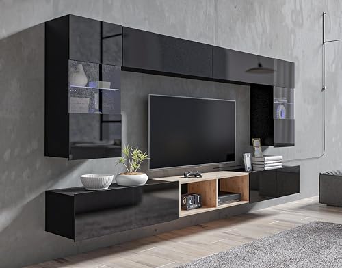 AXLIVING Wohnwand Wohnzimmer Kossana 24 – 300cm Schwarz/Goldene Eiche AXLIVING Wohnwand Wohnzimmer Kossana 24 – 300cm Schwarz/Goldene Eiche von AXLIVING