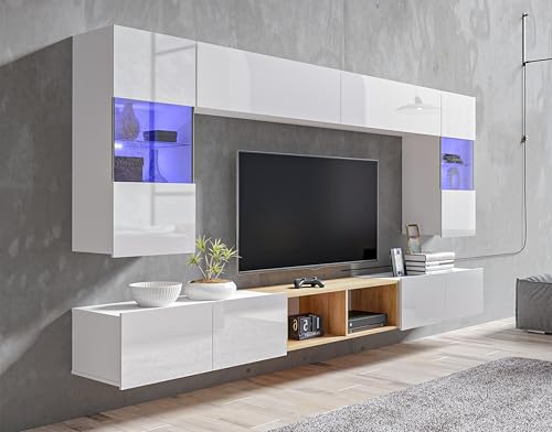 AXLIVING Wohnwand Wohnzimmer Kossana 24 – 300cm Weiß/Goldene Eiche AXLIVING Wohnwand Wohnzimmer Kossana 24 – 300cm Weiß/Goldene Eiche von AXLIVING