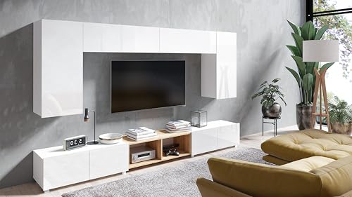 AXLIVING Wohnzimmer Wohnwände Kossana 23 – 300cm Weiß/Goldene Eiche von AXLIVING
