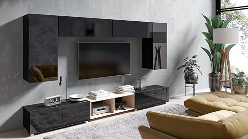AXLIVING Wohnzimmer Wohnwände Kossana 23 Modern Schwarz/Goldene Eiche von AXLIVING