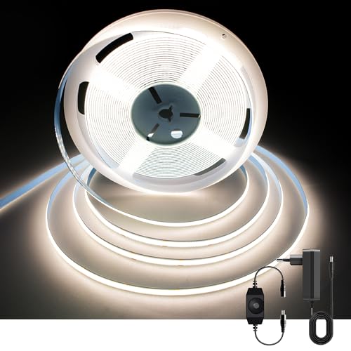 AXMOTUT COB LED Streifen 10m, Natürliches Weiß 4000K 24V 320LEDs/M CRI90 LED Strip Light, Dimmbar LED Streifen mit Netzteil, für Zuhause Partei deko, DIY Dekoration von AXMOTUT