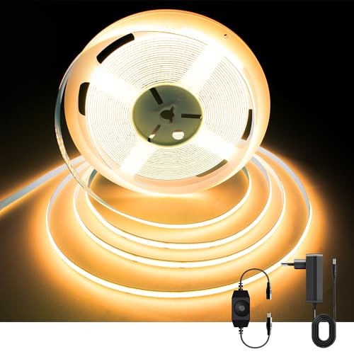 AXMOTUT COB LED Streifen 10m, Warmweiss 2700K 24V 320LEDs/M CRI90 LED Strip Light, Dimmbar LED Streifen mit Netzteil, für Zuhause Partei deko, DIY Dekoration von AXMOTUT