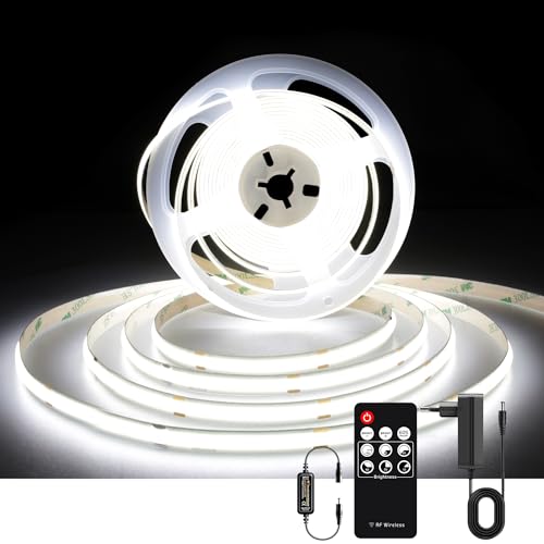 AXMOTUT COB LED Streifen 2m, LED Strip Kaltweiß 6000K, LED Lichtband 24V 320LEDs/M, Dimmbar Led Streifen 2m mit RF Fernbedienung und Netzteil, CRI90 für Zuhause Partei deko, DIY Dekoration von AXMOTUT