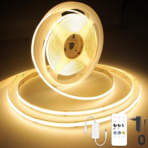 AXMOTUT COB LED Streifen 7.5m, Warmweiss 2700K 24V 320LEDs/M CRI90 LED Strip Light, Dimmbar LED Streifen mit RF Fernbedienung und Netzteil, für Zuhause Partei deko, DIY Dekoration von AXMOTUT