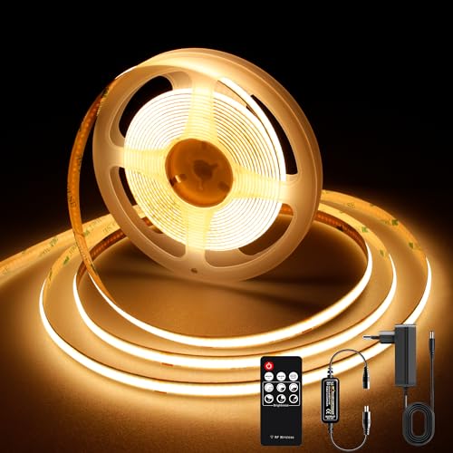 AXMOTUT LED Strip 3m, COB LED Streifen Warmweiss 2700K, LED Lichtband 24V 320LEDs/M, Dimmbar Led Streifen 3Meter mit RF Fernbedienung und Netzteil, CRI90 für Zuhause Partei deko, DIY Dekoration von AXMOTUT