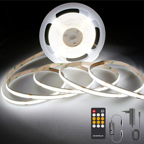 AXMOTUT COB LED Streifen 5m, LED Strip Kaltweiß 6000K, LED Lichtband 24V 320LEDs/M, Dimmbar Led Streifen 5m mit RF Fernbedienung und Netzteil, CRI90 für Zuhause Partei deko, DIY Dekoration von AXMOTUT