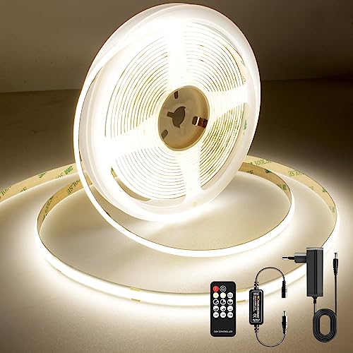 AXMOTUT LED Strip 5m, COB LED Streifen Natürliches Weiß 4000K, LED Lichtband 24V 320LEDs/M, Dimmbar Led Streifen 5m mit RF Fernbedienung und Netzteil, CRI90 für Zuhause Partei deko, DIY Dekoration von AXMOTUT