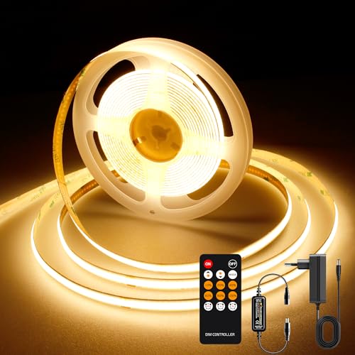 AXMOTUT COB LED Streifen 5m, Warmweiss 2700K 24V 320LEDs/M CRI90 LED Strip Light, Dimmbar LED Streifen mit RF Fernbedienung und Netzteil, für Zuhause Partei deko, DIY Dekoration von AXMOTUT