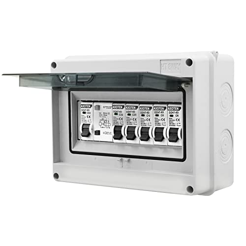 AXOTEN Sicherungskasten Staubdicht IP65 mit Tür 1 reihig für 8 Module Terminal und DIN Schiene Aufputzverteiler Weiß Verteilerkasten Leistungsschalter 63A,Luftschalter 2x6A+10A+20A+32A von AXOTEN