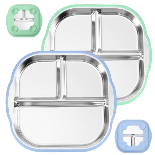 AXVRAV 2 Stück Edelstahl Babyteller mit Saugnapf, 24cm Rutschfest Geteilte Kinder Teller mit Entfernbarer Silikon Hülle, Toddler Plate Snack-Geschirr Unzerbrechlich BPA-frei Spülmaschinenfest von AXVRAV