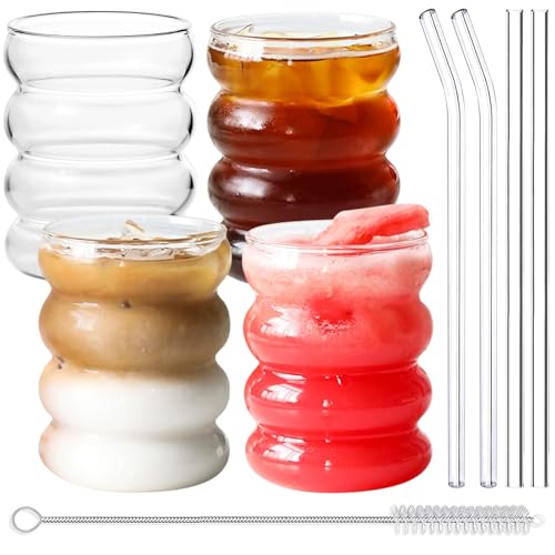 AXVRAV Gerippte Trinkgläser Set mit Glasstrohhalm, 4x350ml Eiskaffeegläser mit Pinsel, Wassergläser, Cocktailgläser, Longdrinkgläser, Bubble Gläser Set für Latte Macchiato Whisky Cocktails Soda von AXVRAV