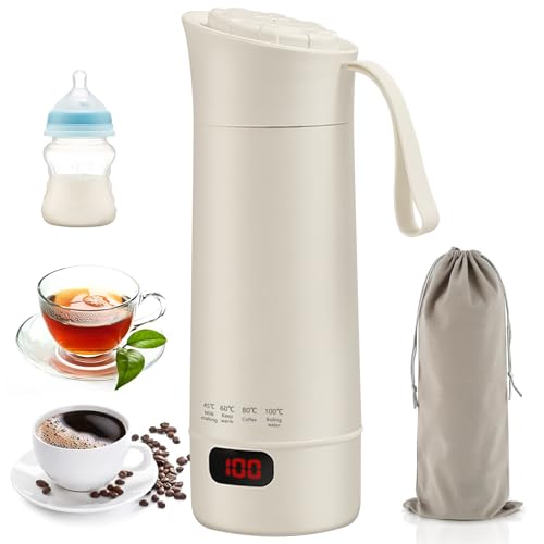 Reise Wasserkocher Klein 400ML, Tragbare Mini Wassertasse aus Edelstahl mit 4 Temperaturstufen, 300W Schnellkochfunktion Automatischer Abschaltung, Wasserkocher für Kaffee Tee unterwegs von AXVRAV