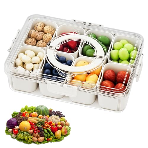 Snackbox mit 8 Fächern Deckel und Griff, Snackteller Snackbox aus PP Tragbar und Spülmaschinenfest, Herausnehmbare Auslaufsicherer Organizer für Obst Nüsse Kekse Süßigkeiten und Snacks (Quadrat) von AXVRAV
