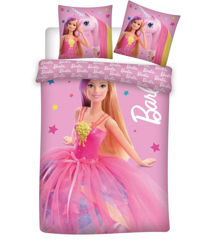 Kinderbettwäsche Barbie mit Einhorn Mädchen Wende Bettwäsche 135 x 200 cm 100%Baumwolle, AY!Max von AY!Max
