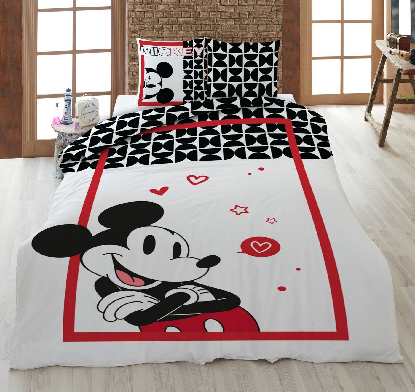 Kinderbettwäsche Bettwäsche Mickey in Love weiß rot 135 x 200 cm, 80 x 80 cm, AY!Max von AY!Max