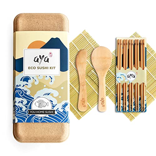 Original Aya Eco Sushi-Kit, Sushi-Set zum Selbermachen, ganz natürlich, umweltfreundlich, biologisch abbaubarer Bambus, 2 Sushi-Matten, 5 Paar Essstäbchen, 1 Löffel, 1 Spachtel von Aya