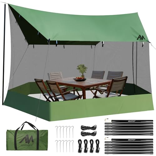 Tarp Wasserdicht mit Moskitonetz und Stangen Outdoor, 3x5m Mückennetz Camping Shelter Tarp Ultraleicht mit Reißverschluss Eingang, Heringe, Spannseilen für Hängematten Garten, Park, Terrasse, Pic von AYAMAYA
