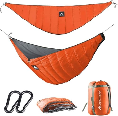 ayamaya Ultraleichte Hängematte für Camping, Rucksackreisen, 3-Jahreszeiten-Unterbettdecke, UQ Einzelpersonen, Hängematte, warme Unterdecke, Schlafsack, Bodenisolierung – Campingausrüstung (Orange) von AYAMAYA