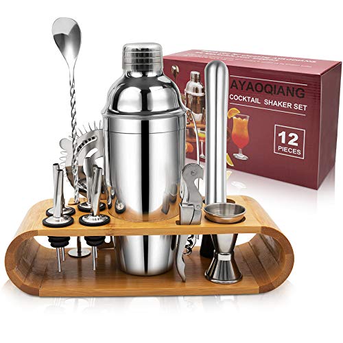 Cocktail Set, Edelstahl Cocktail Shaker Bar Set, 12 Stück Cocktailmixer Set mit Holzständer, Messbecher und Bar Löffel, 750ml Shaker Cocktail Set für Zuhause oder die Bar Cocktail Set, Edelstahl Cocktail Shaker Bar Set, 12 Stück Cocktailmixer Set mit Holzständer, Messbecher und Bar Löffel, 750ml Shaker Cocktail Set für Zuhause oder die Bar von AYAOQIANG