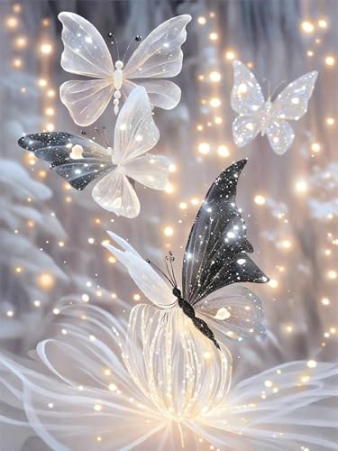 AYAOYANGGO 9CT Diy Bead Embroidery Set Fantasie Schmetterling Perlen Zum Sticken Weiße Blumen Diy Perlenstickerei Kit Für Erwachsene Nadelspitze Gobelin Kit Perlenstickerei Nadelarbeit Kit 40x50cm von AYAOYANGGO