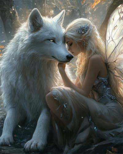 AYAOYANGGO Cross Stitch Kit Anime Weißer Wolf Und Elf Gezähltes Kreuzstich-Set Mit Stempel Für Erwachsene,Anfänger,Anfänger,Fortgeschrittene,Einfache Diy-Stickkunst 11CT 40x50cm von AYAOYANGGO