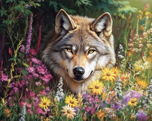 AYAOYANGGO Cross Stitch Kit Wolfstier Und Bunte Blumen Gezähltes Kreuzstich-Set Mit Stempel Für Erwachsene,Anfänger,Anfänger,Fortgeschrittene,Einfache Diy-Stickkunst 11CT 40x50cm von AYAOYANGGO