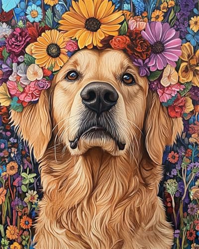 AYAOYANGGO Hund Tier Knüpfstern Golden Retriever Und Blumen Diy-Teppich-Bastelarbeiten Für Erwachsene Mit Farbig Bedruckter Leinwand, Häkel-Stickerei-Teppiche-Set, Heimdekoration 33x45in von AYAOYANGGO