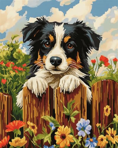 AYAOYANGGO Hund Tier Teppich Knüpfen Set Border Collie Klettert Auf Zaun Kreuzstich-Teppich-Set, Häkel Kit Für Teppiche, Stickset, Handarbeiten, Basteln Für Die Heimdekoration 21x29in von AYAOYANGGO