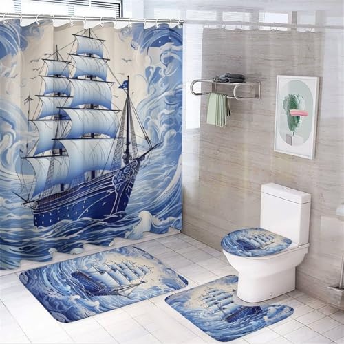 AYAROS 4-teiliges blaues Meer-Segelboot-Duschvorhang-Set mit rutschfesten Teppichen, WC-Deckelbezug und Badematte, nautische Wellen, japanischer Stil, Badezimmer-Dekor-Set, wasserdichte Duschvorhänge von AYAROS