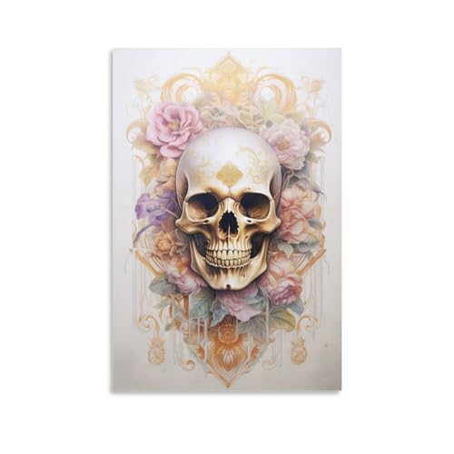 AYAROS Abstrakter Horror-Totenkopf bedruckte Leinwand Poster Aquarell Blume Gothic Skelett Wanddekoration geeignet für Wohnzimmer Schlafzimmer von AYAROS