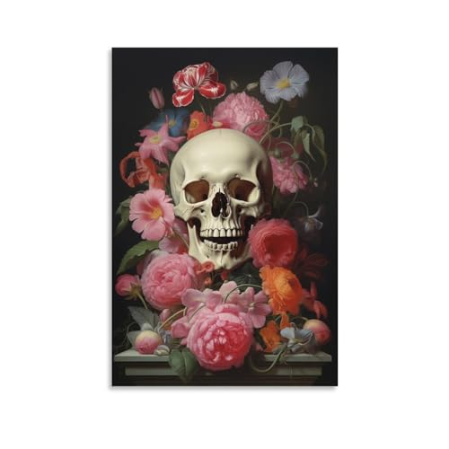 AYAROS Blumen-Totenkopf-Kunst-Posterdrucke, abstraktes Blumenmuster, Skelett, Horror, Leinwand, Wanddekoration, Kunstwerk für Home Office von AYAROS