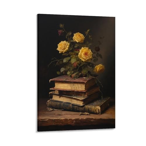 AYAROS Blumen und Bücher Kunst Poster Drucke Retro Klassische Gelbe Pflanze Leinwand Wanddekoration Kunstwerk für Home Office von AYAROS