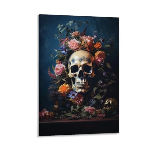 AYAROS Blumenkranz Schädel Kunst Poster Drucke Horror Skelett Retro Blume Leinwand Wanddekoration Kunstwerk für Home Office von AYAROS